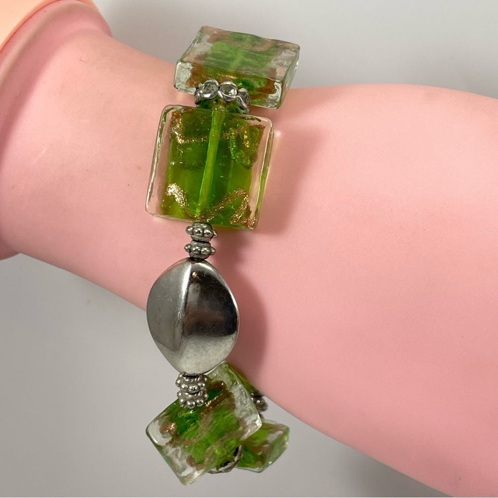 Vintage Green Gold Artisan Glass Beaded Silver Tone Stretch Bracelet Statement